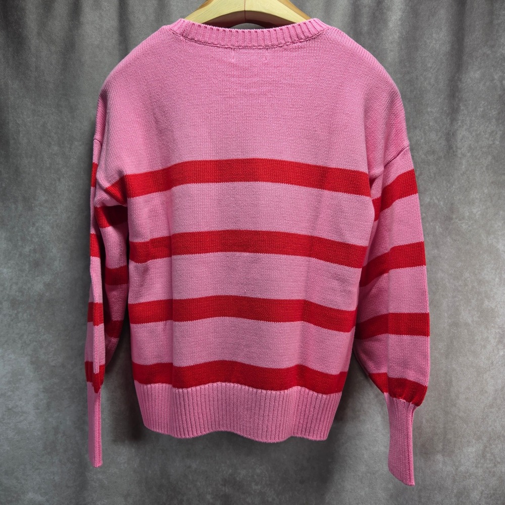 Lands End Drifter Christmas Cat Sweater Womens XS Pink Red Striped Cotton Knit - Picture 4 of 7